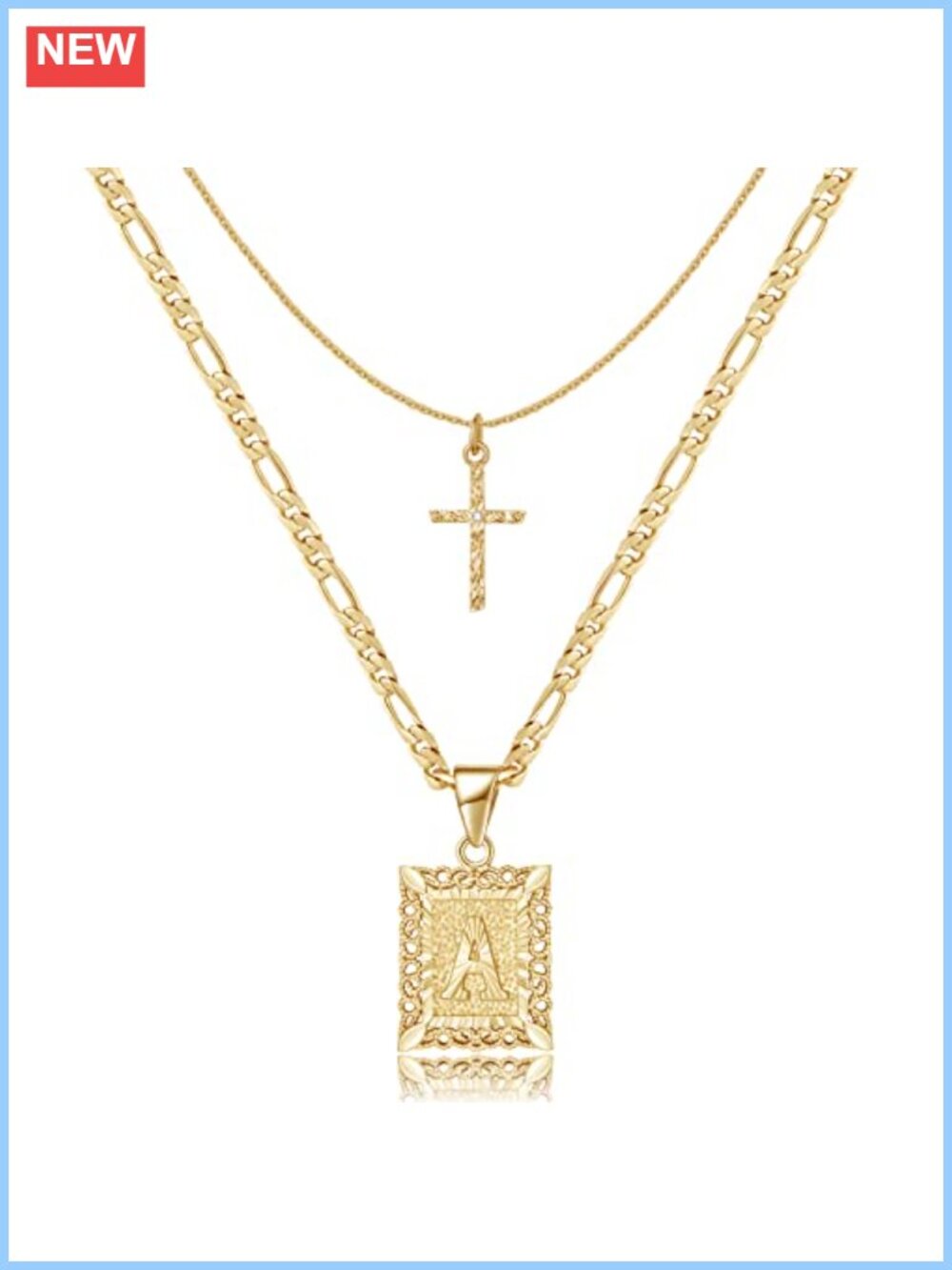 14K Gold Plated Layered Initial Cross Necklace Stainless Steel Hypoallergenic
